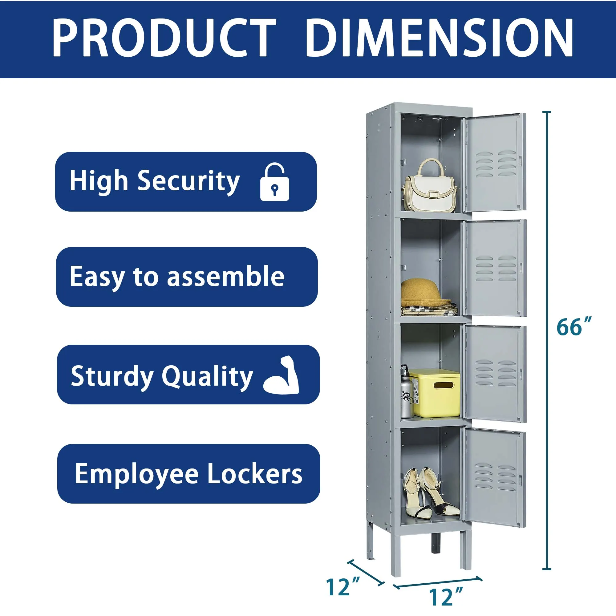 4 Door 66"H Metal Lockers With Lock, Storage Cabinet for Home Gym, Office, School, Garage - Gray