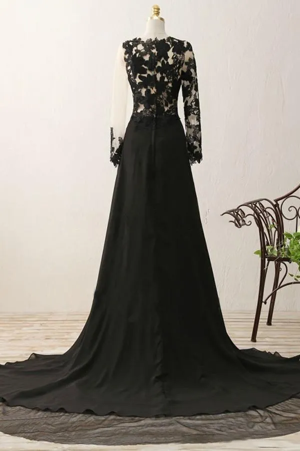 A-line Appliques Black Long Sleeves Prom Dress Evening Gown PG320