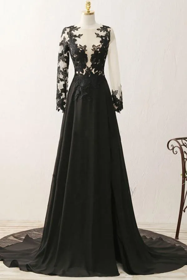 A-line Appliques Black Long Sleeves Prom Dress Evening Gown PG320