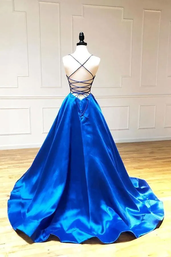 A-line Spaghetti Straps Royal Blue Long Prom Dresses Party Dresses  PSK235