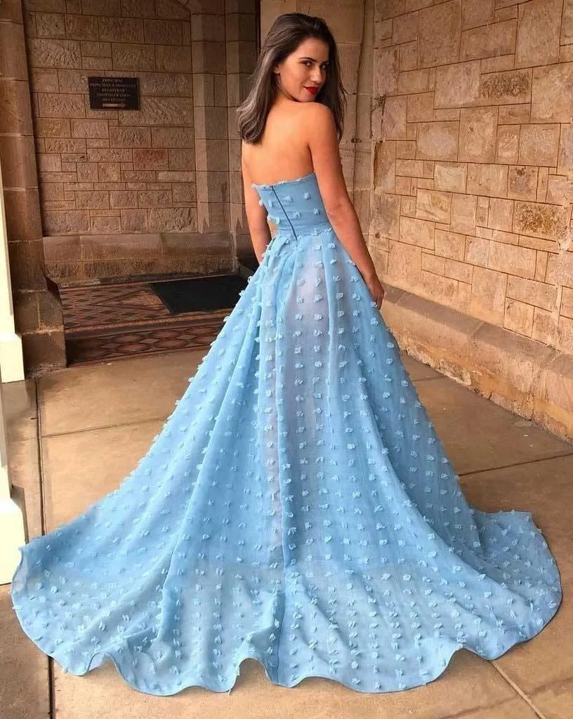 A-Line Strapless Sky Blue Lace High Split Long Prom/Formal Dress PSK164