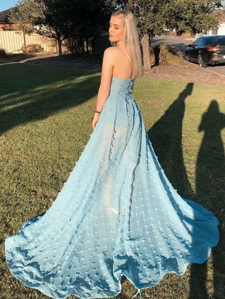 A-Line Strapless Sky Blue Lace High Split Long Prom/Formal Dress PSK164