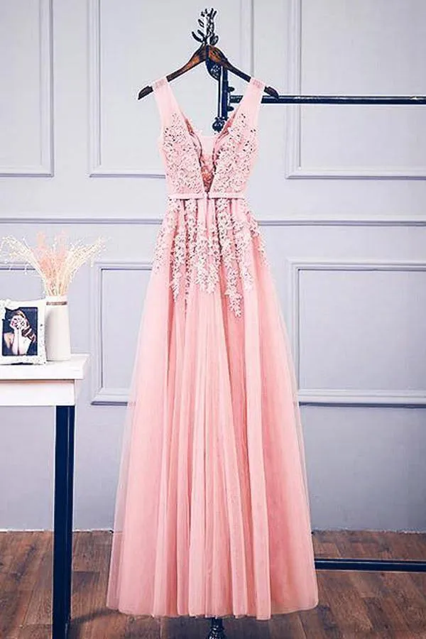 A-line V Neck Pink Tulle Lace Applique Long Prom Dress Evening Dress PSK127