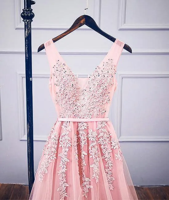 A-line V Neck Pink Tulle Lace Applique Long Prom Dress Evening Dress PSK127