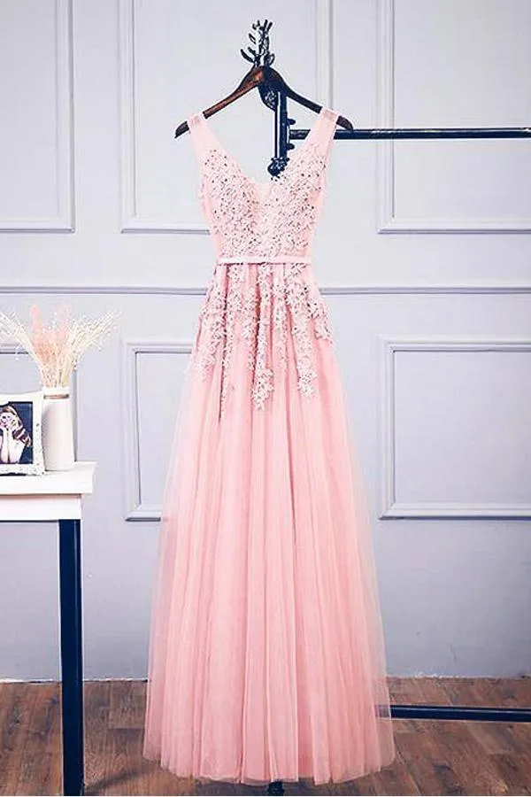 A-line V Neck Pink Tulle Lace Applique Long Prom Dress Evening Dress PSK127