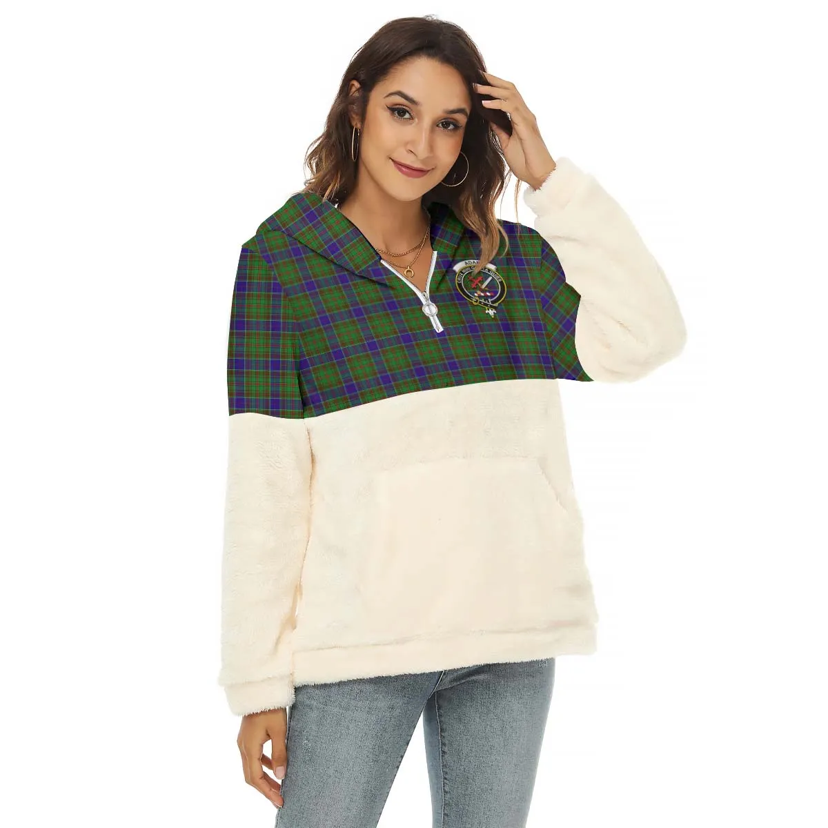 Adam Tartan Women's Borg Fleece Hoodie With Half Zip with Family Crest