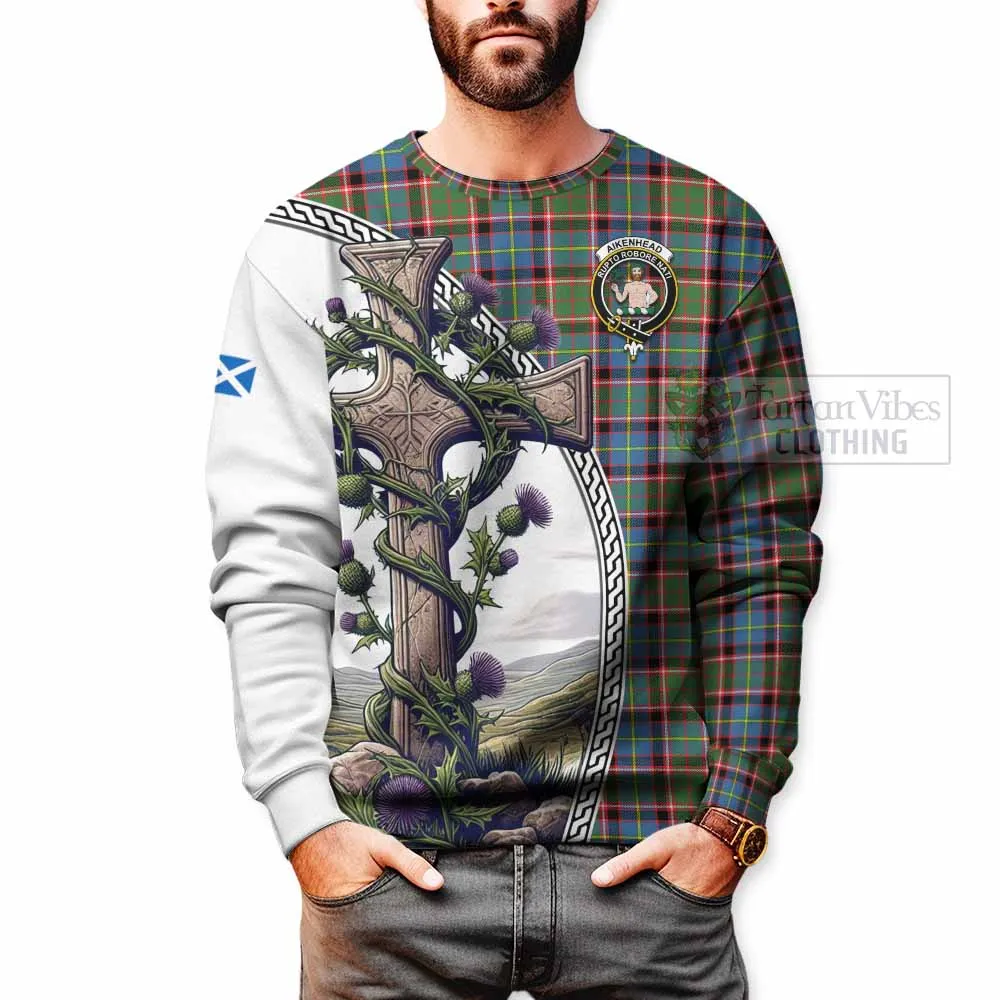 Aikenhead Tartan Sweatshirt with Family Crest and St. Andrew's Cross Accented by Thistle Vines