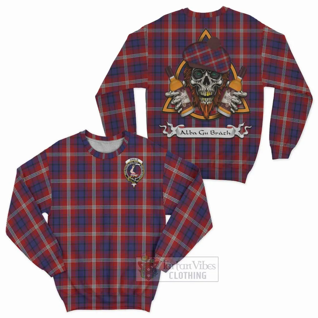 Ainslie Tartan Sweatshirt with Family Crest and Bearded Skull Holding Bottles of Whiskey