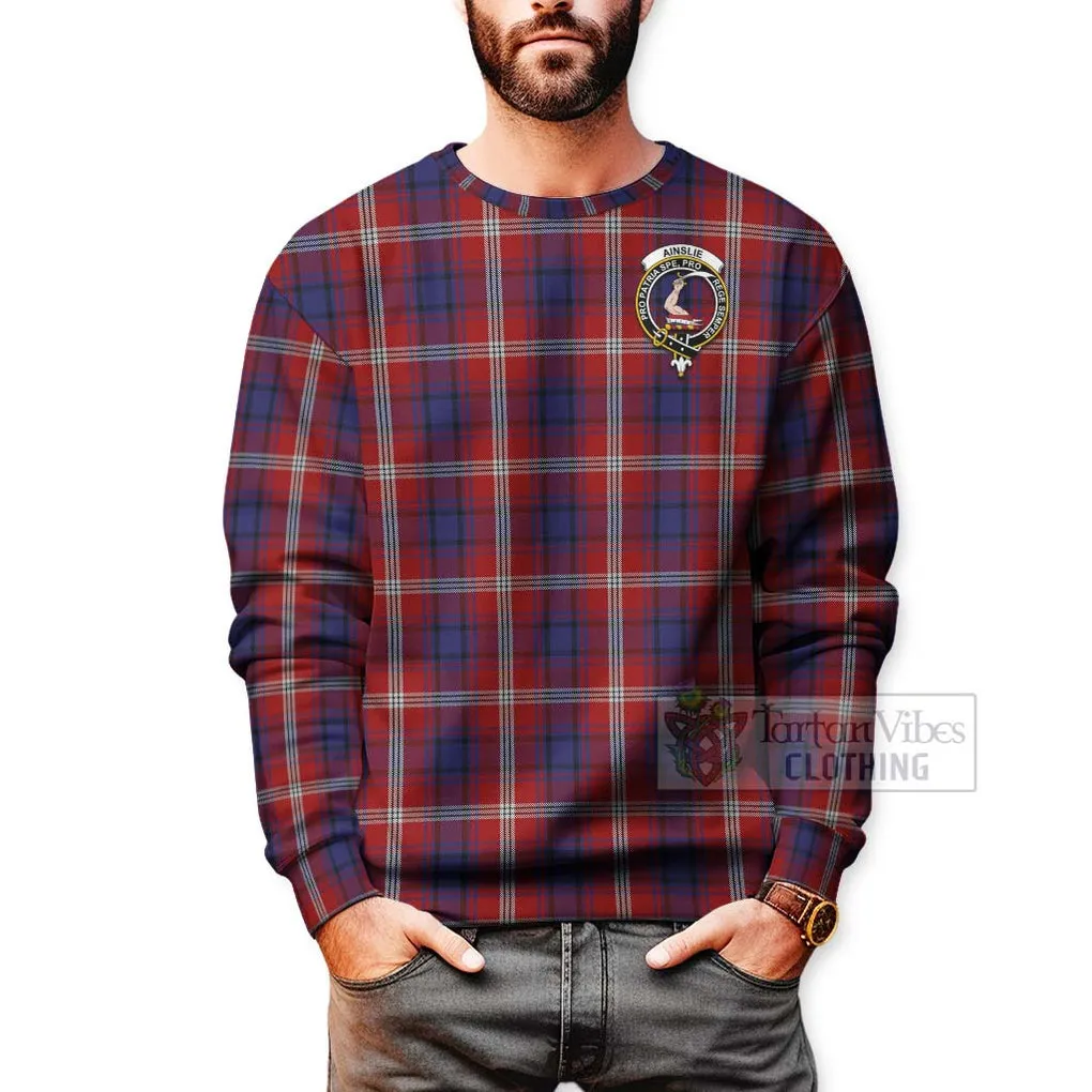 Ainslie Tartan Sweatshirt with Family Crest and Bearded Skull Holding Bottles of Whiskey