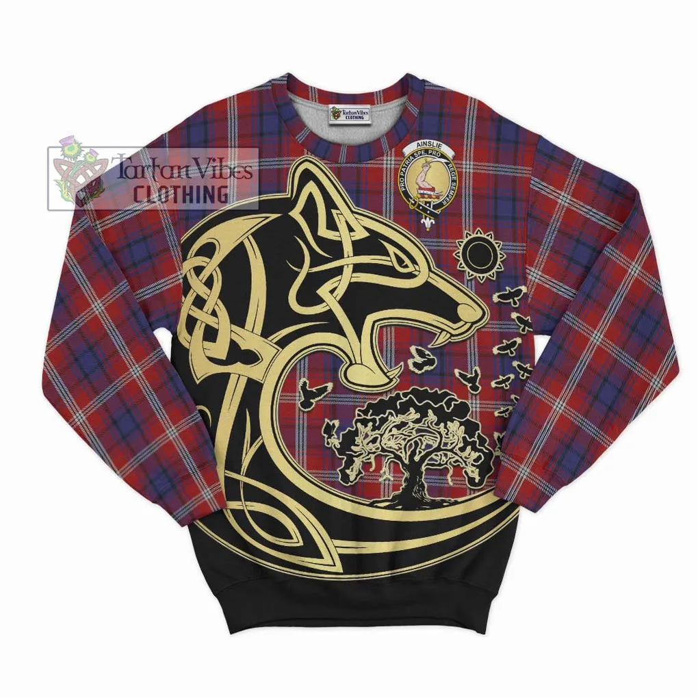 Ainslie Tartan Sweatshirt with Family Crest Celtic Wolf Style