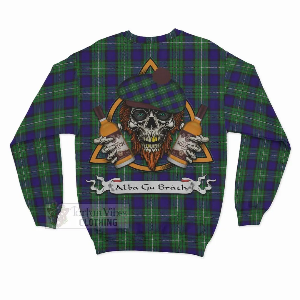 Alexander Tartan Sweatshirt with Family Crest and Bearded Skull Holding Bottles of Whiskey