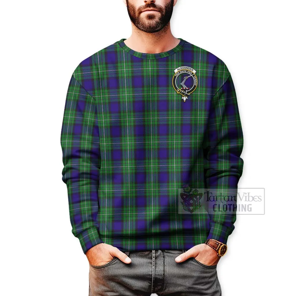 Alexander Tartan Sweatshirt with Family Crest and Bearded Skull Holding Bottles of Whiskey