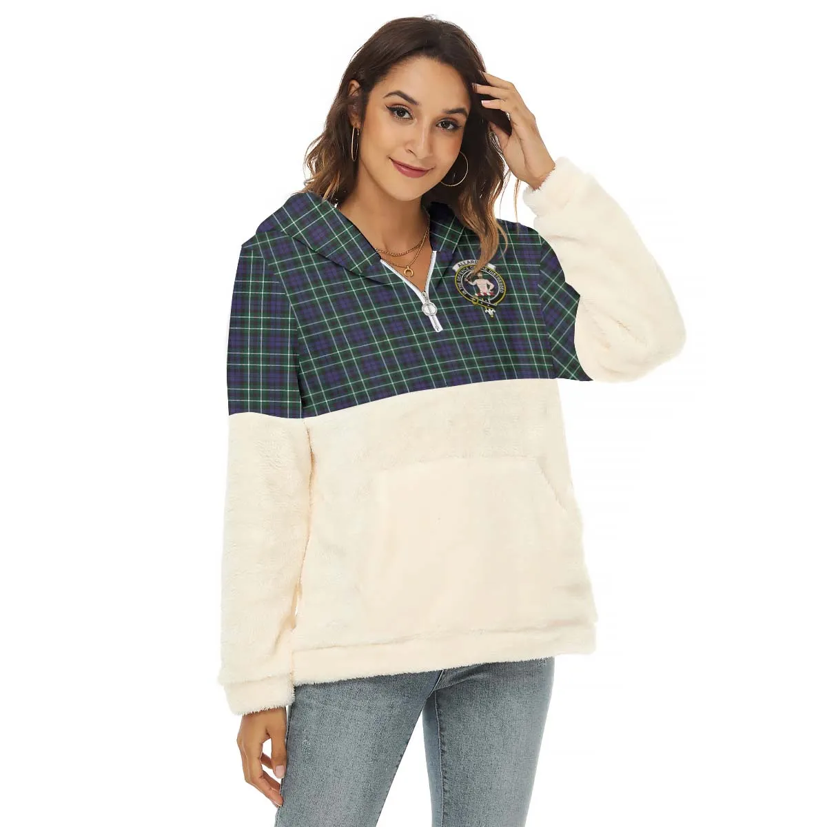 Allardice Tartan Women's Borg Fleece Hoodie With Half Zip with Family Crest