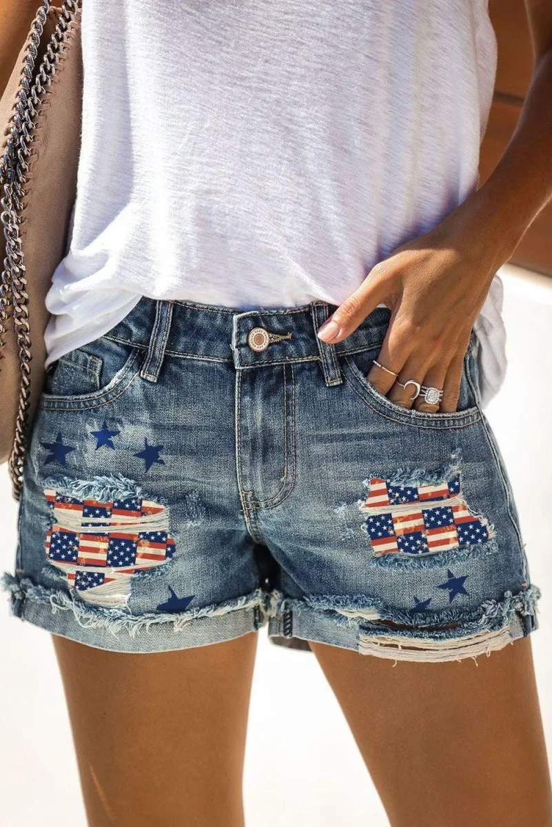 American Flag Distressed Denim Shorts