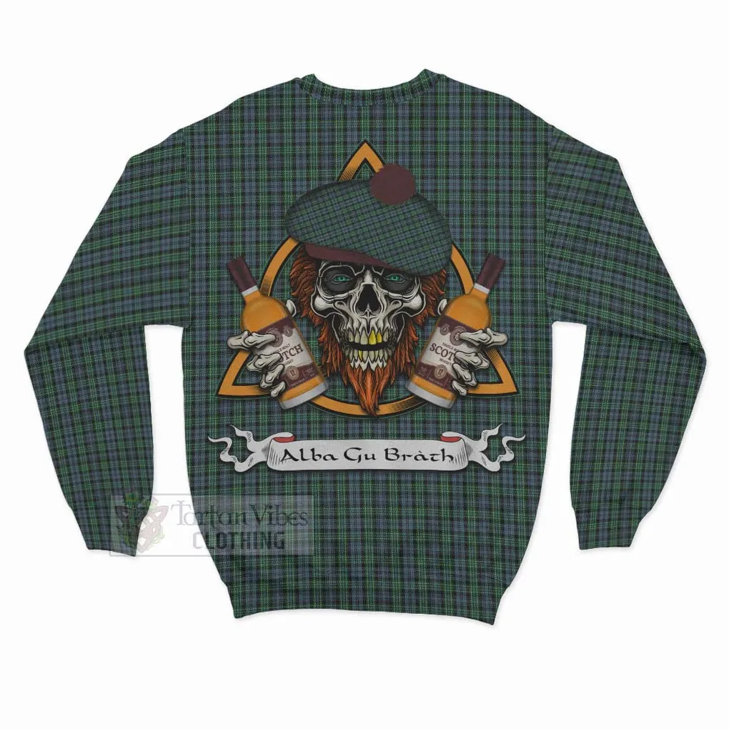 Arbuthnot Tartan Sweatshirt with Family Crest and Bearded Skull Holding Bottles of Whiskey