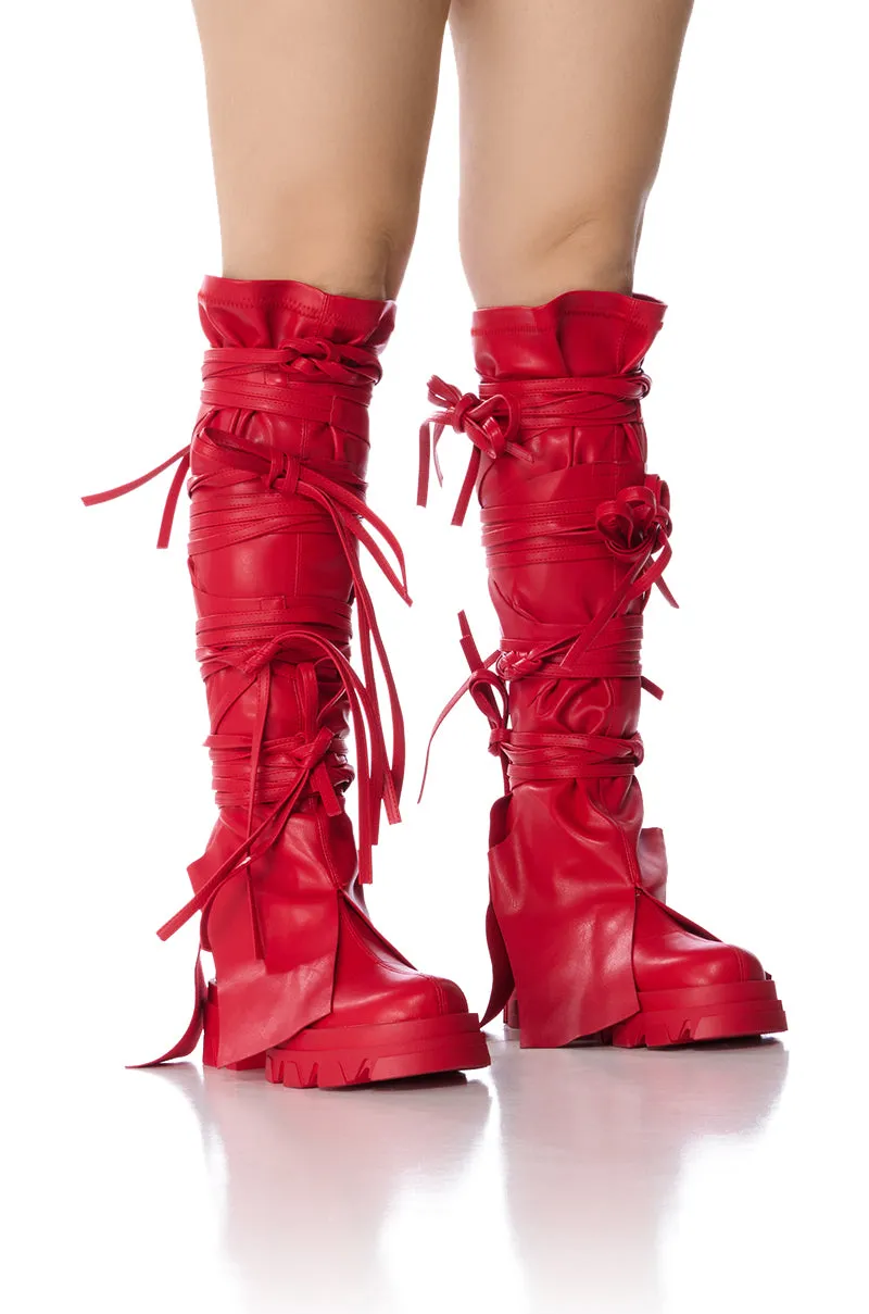 AZALEA WANG KNOXTON RED BOOTIE WITH STRAPPY TIE UP COVER