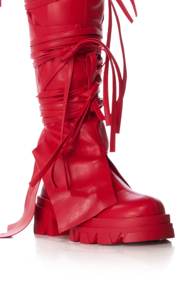 AZALEA WANG KNOXTON RED BOOTIE WITH STRAPPY TIE UP COVER