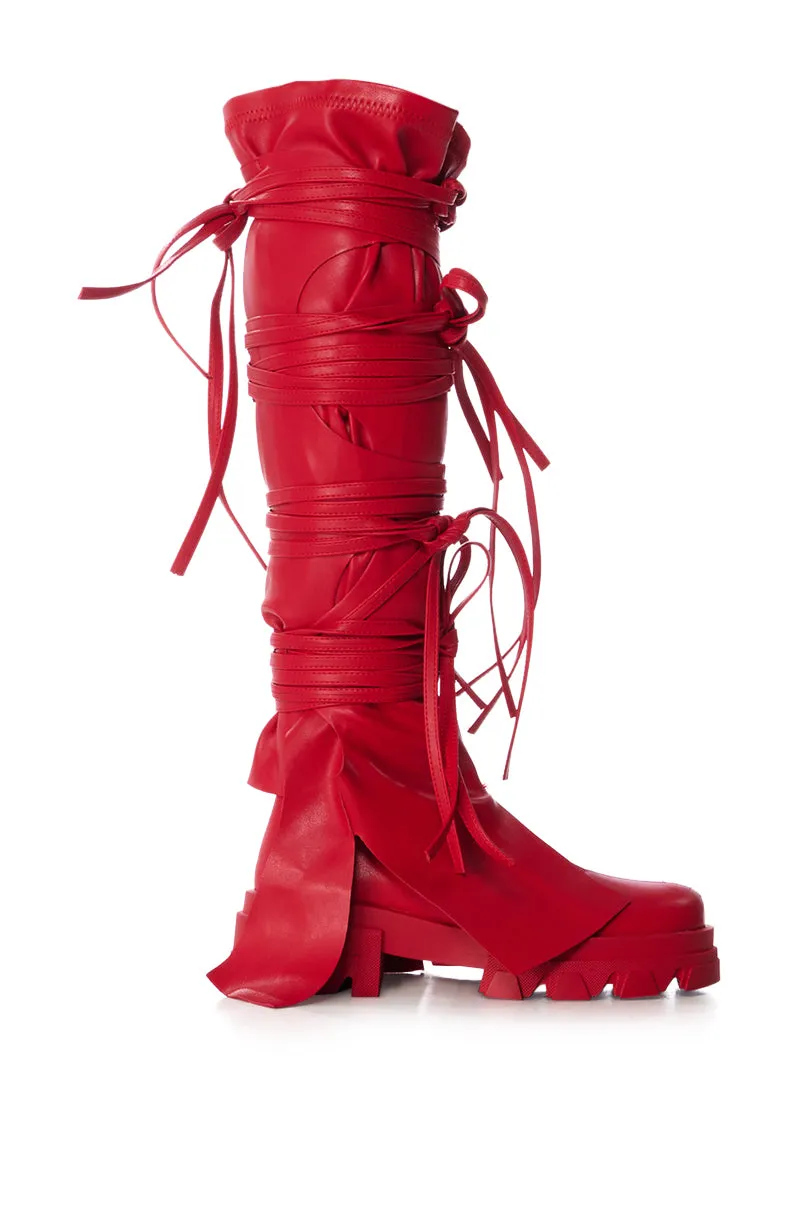 AZALEA WANG KNOXTON RED BOOTIE WITH STRAPPY TIE UP COVER