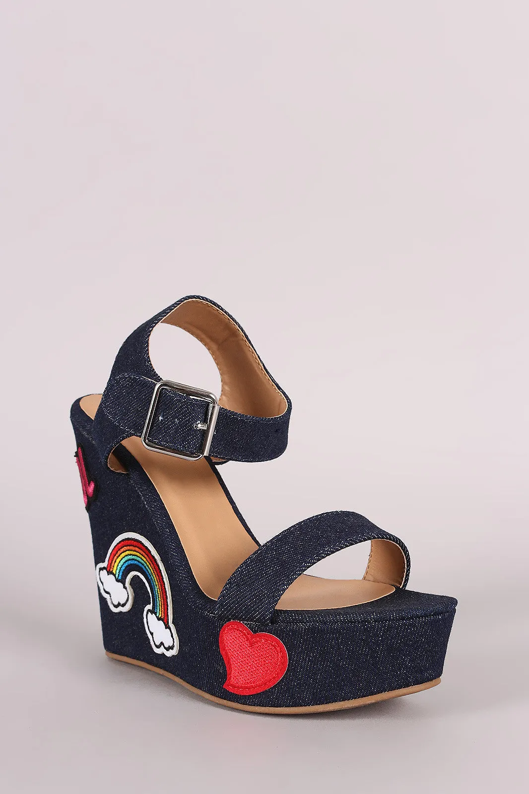 Bamboo Denim Fun Patches Ankle Strap Platform Wedge