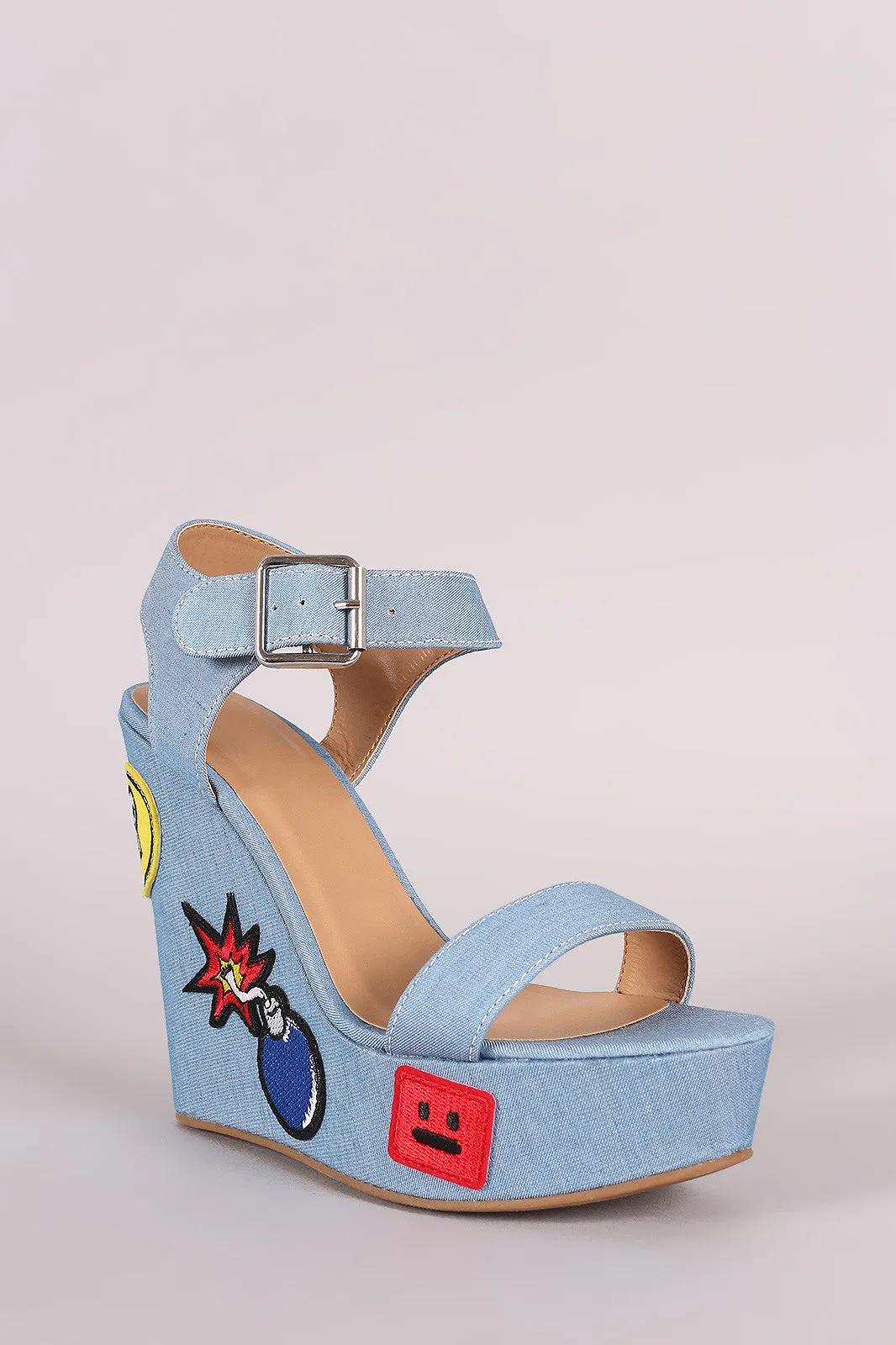 Bamboo Denim Fun Patches Ankle Strap Platform Wedge