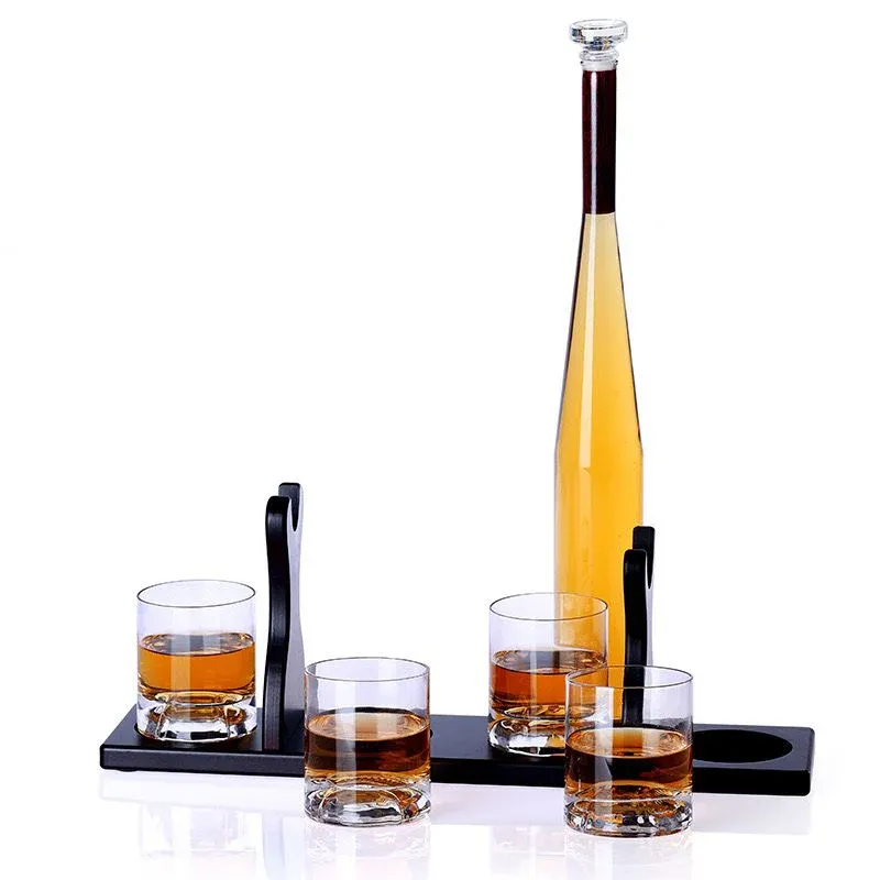 BASEBALL DECANTER   4 GLASSES   WOODEN STAND