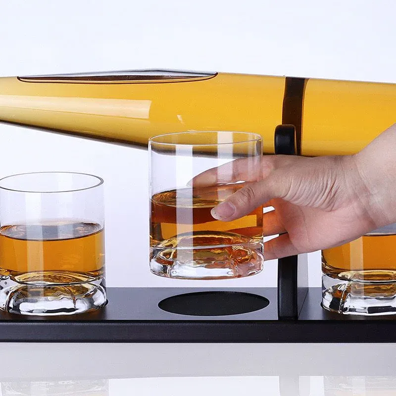 BASEBALL DECANTER   4 GLASSES   WOODEN STAND