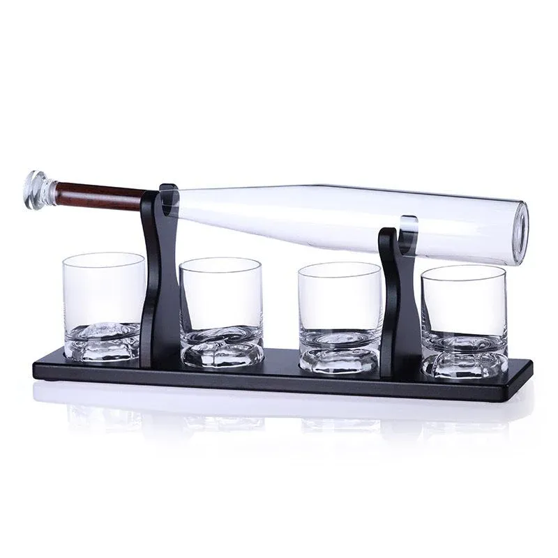 BASEBALL DECANTER   4 GLASSES   WOODEN STAND