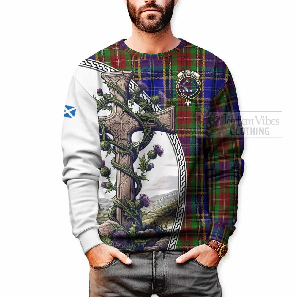 Beattie (Beatty) Tartan Sweatshirt with Family Crest and St. Andrew's Cross Accented by Thistle Vines