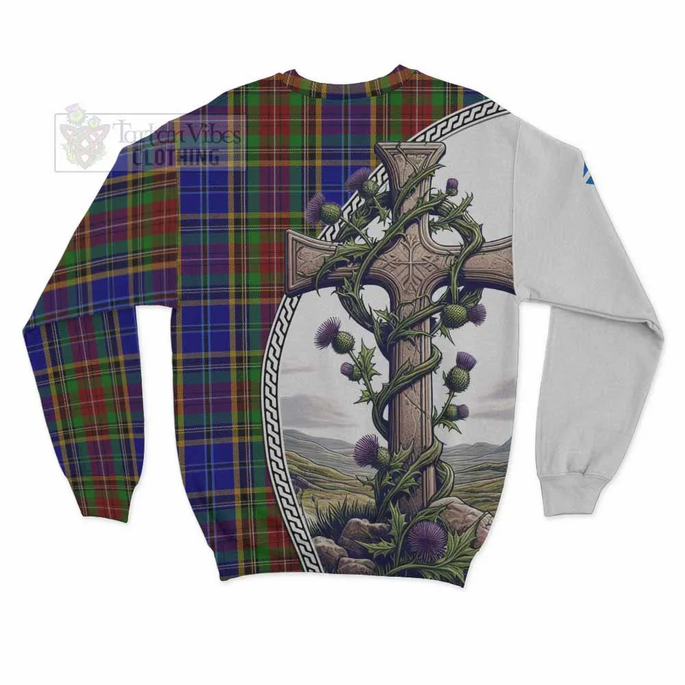 Beattie (Beatty) Tartan Sweatshirt with Family Crest and St. Andrew's Cross Accented by Thistle Vines