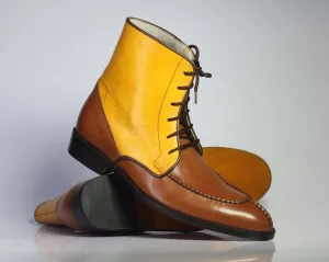 Bespoke Yellow & Brown Leather Split Toe Lace Up Boot