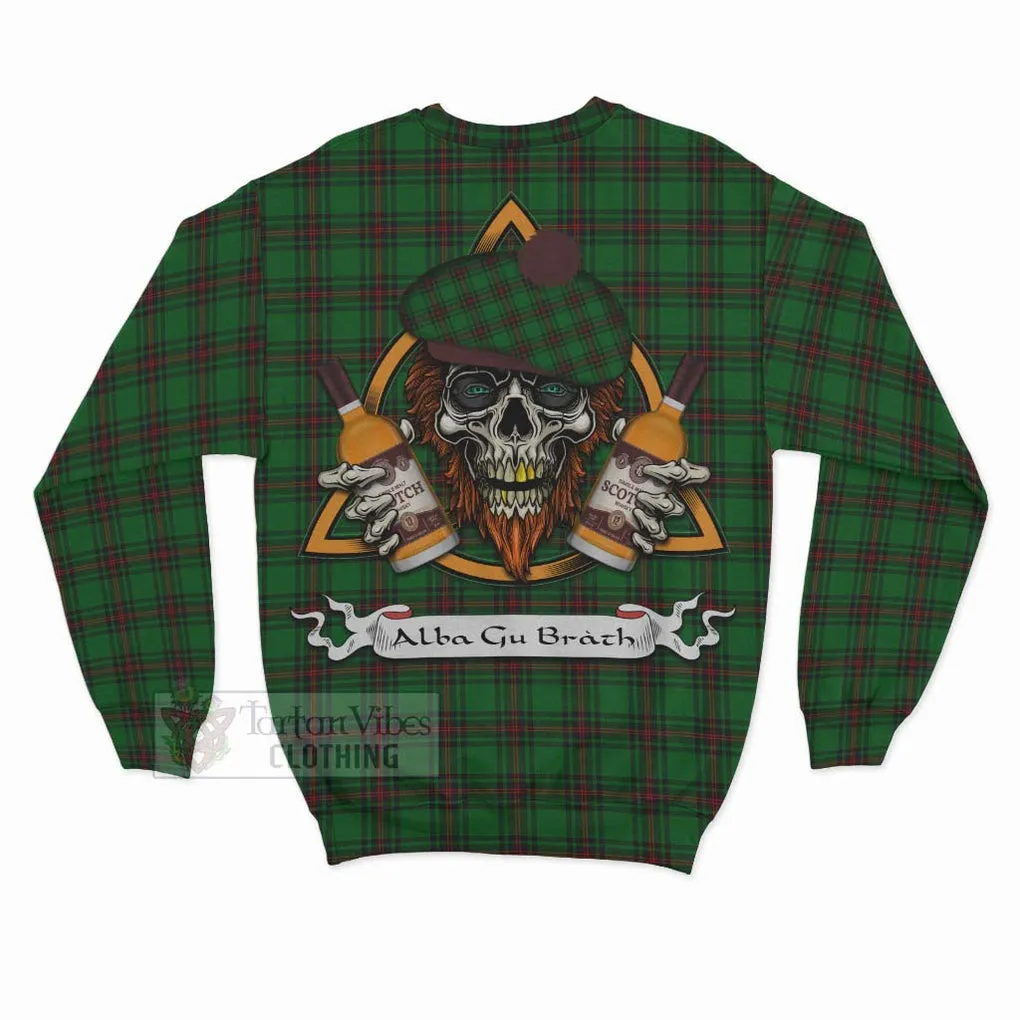 Beveridge Tartan Sweatshirt with Family Crest and Bearded Skull Holding Bottles of Whiskey