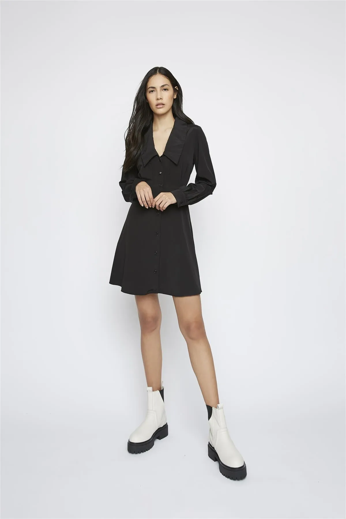 Black Long-Sleeve V-Neck Mini-Dress