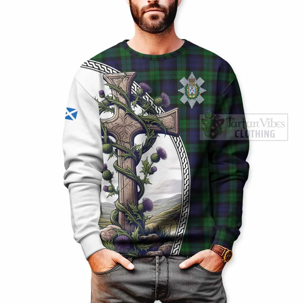 Black Watch Tartan Sweatshirt with Family Crest and St. Andrew's Cross Accented by Thistle Vines