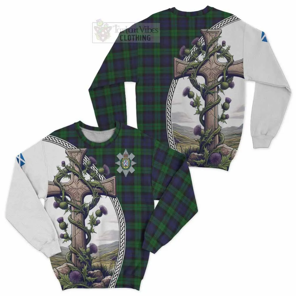 Black Watch Tartan Sweatshirt with Family Crest and St. Andrew's Cross Accented by Thistle Vines