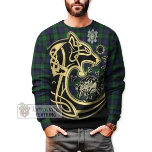 Black Watch Tartan Sweatshirt with Family Crest Celtic Wolf Style