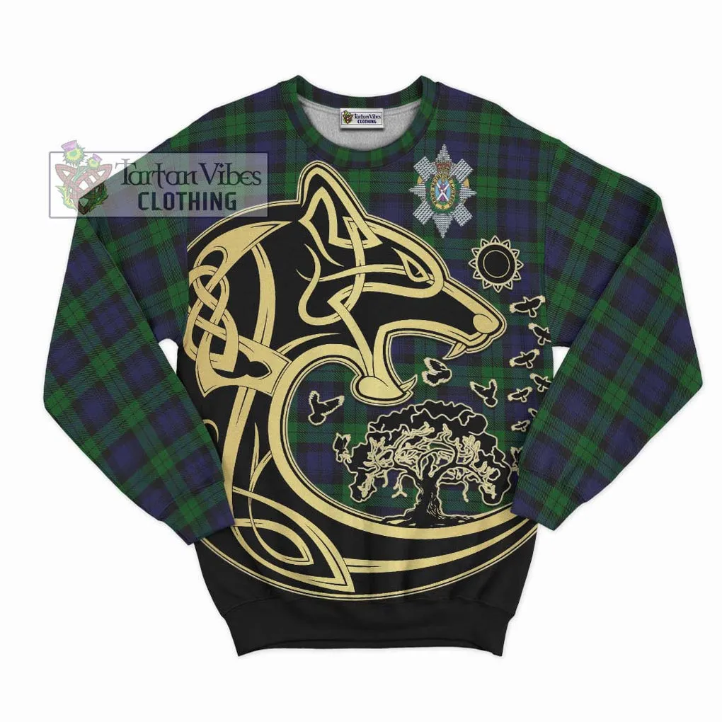 Black Watch Tartan Sweatshirt with Family Crest Celtic Wolf Style