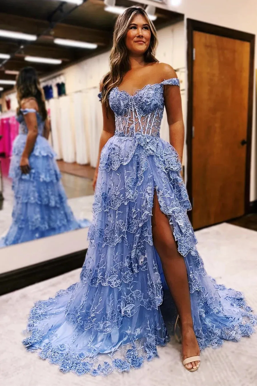 Blue Tulle Appliques Off-the-Shoulder Ruffle Long Prom Dress PSK478