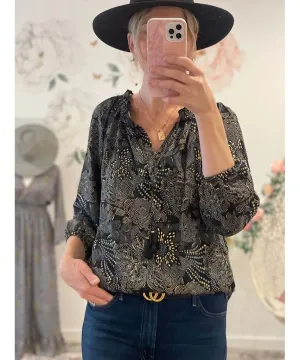 Boho Printed LS Blouse Black Combo