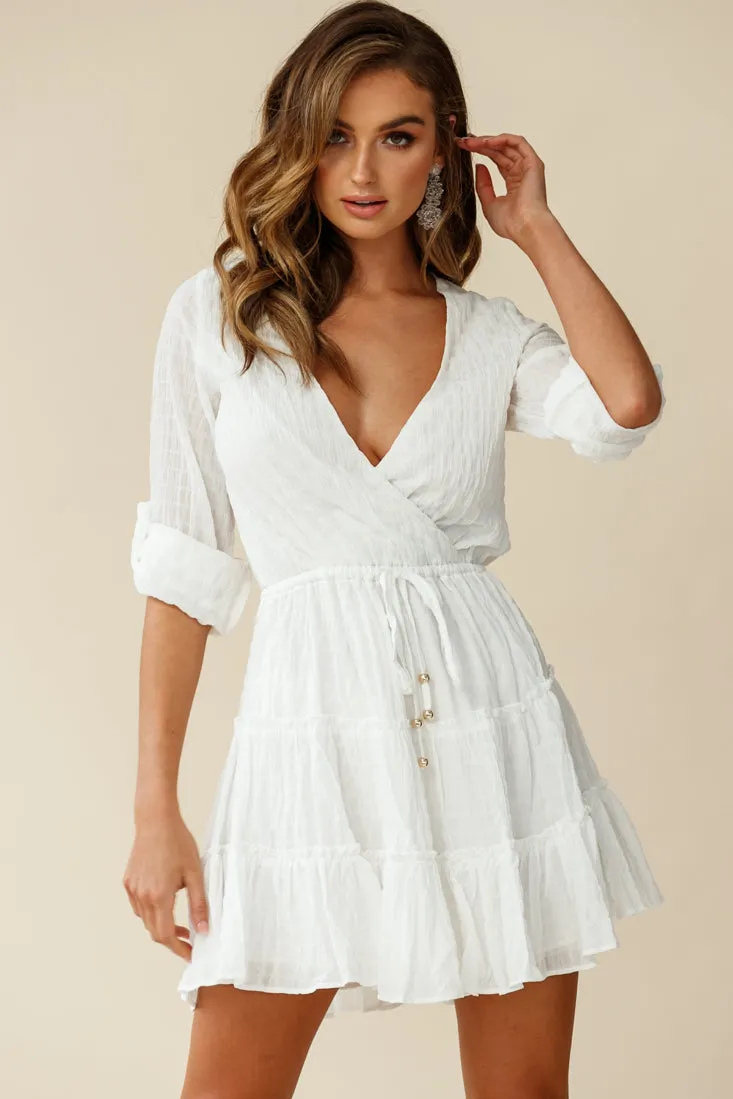 Bostyn Adjustable Sleeve Drawstring Waist Dress White