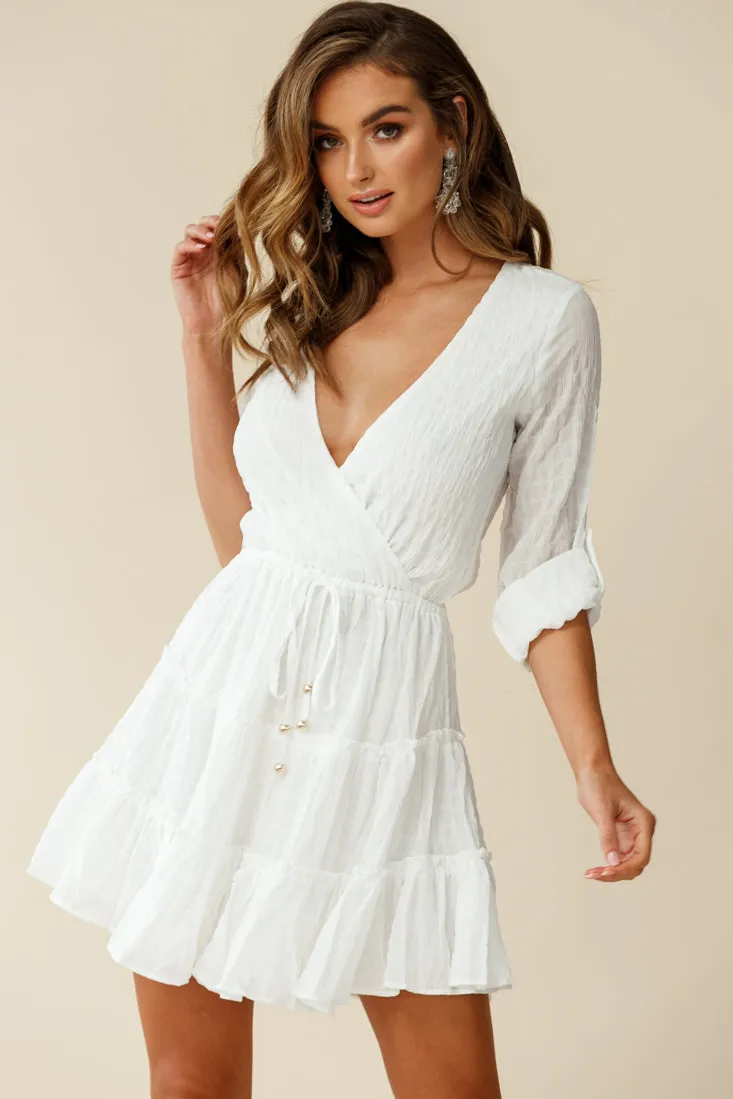 Bostyn Adjustable Sleeve Drawstring Waist Dress White