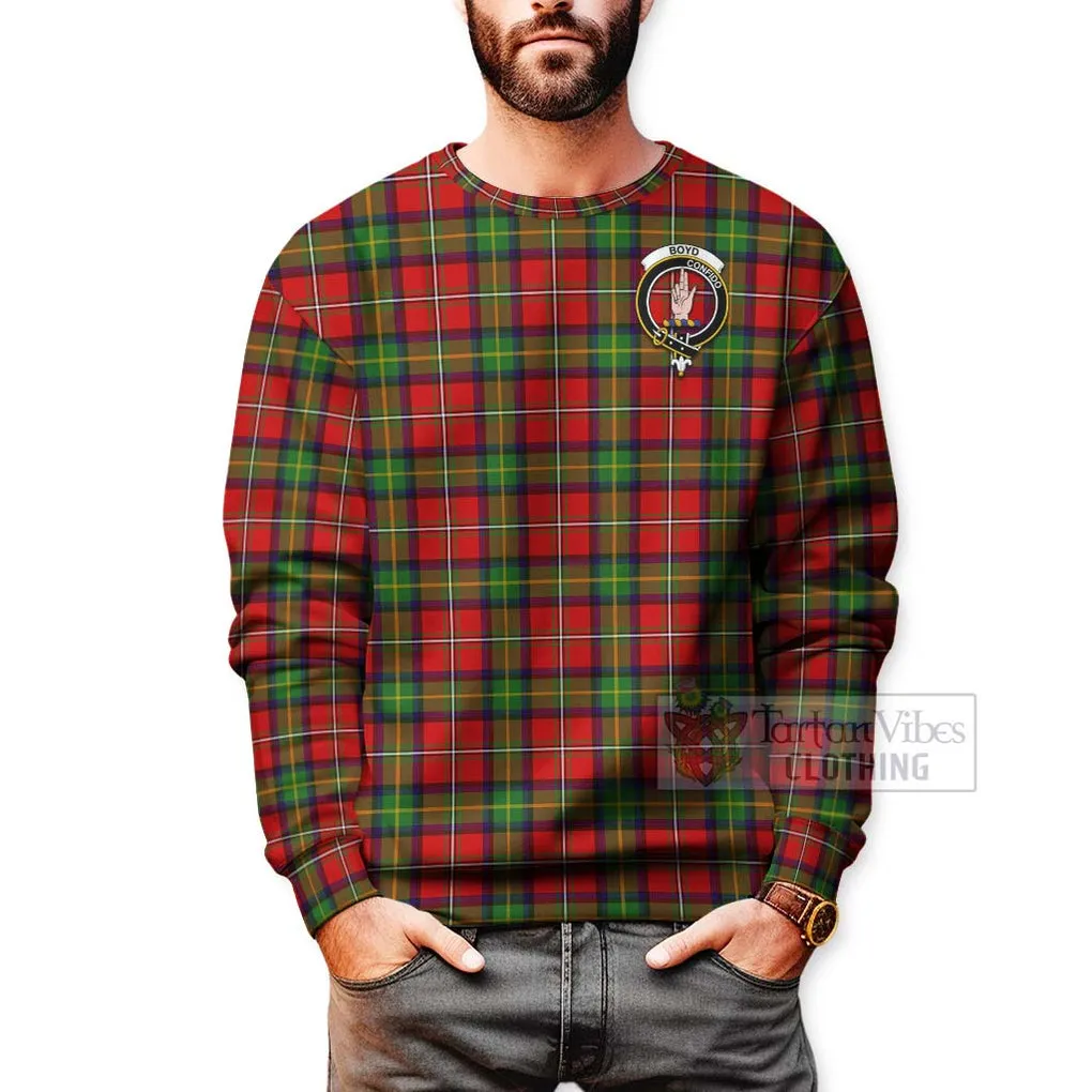 Boyd Tartan Sweatshirt with Family Crest and Bearded Skull Holding Bottles of Whiskey