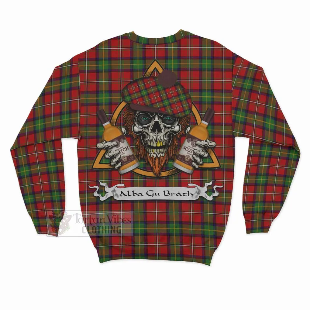 Boyd Tartan Sweatshirt with Family Crest and Bearded Skull Holding Bottles of Whiskey