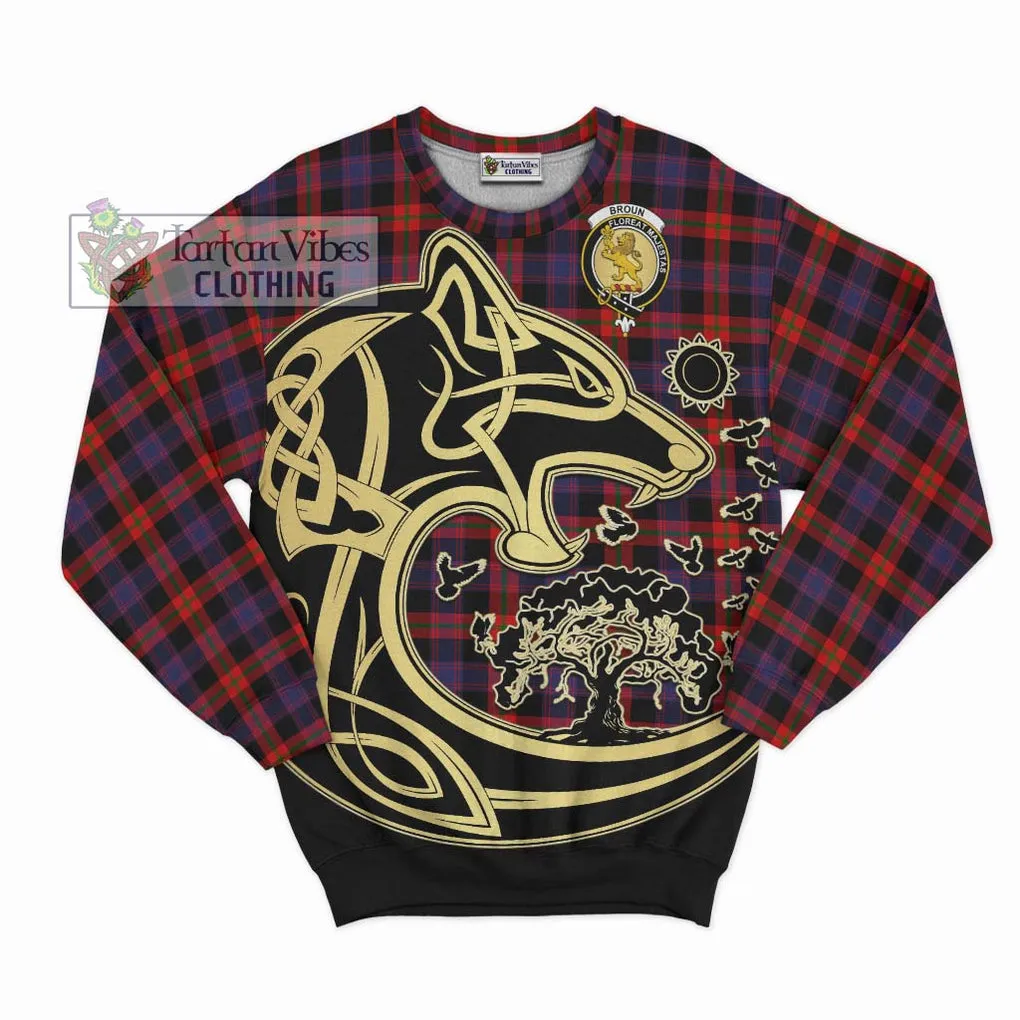 Broun Modern Tartan Sweatshirt with Family Crest Celtic Wolf Style