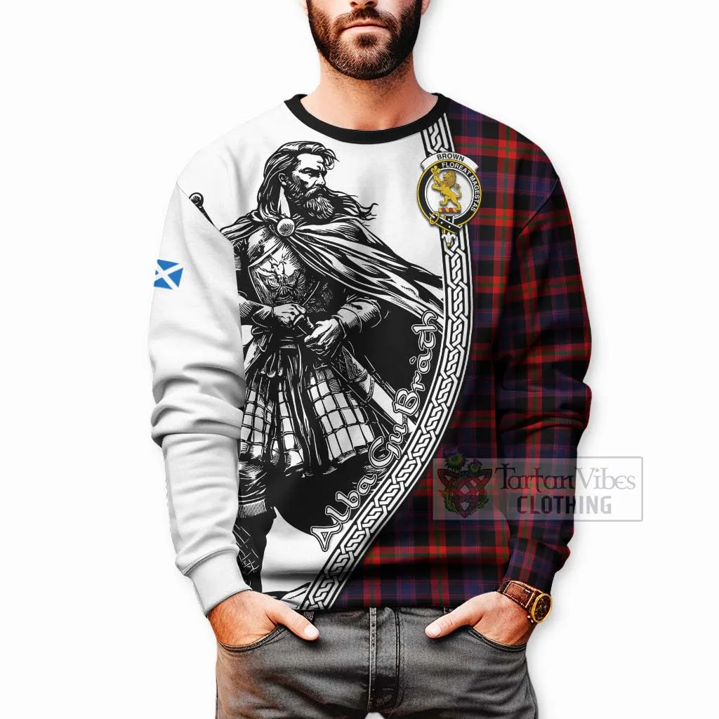 Brown (Broun) Tartan Clan Crest Sweatshirt with Highlander Warrior Celtic Style