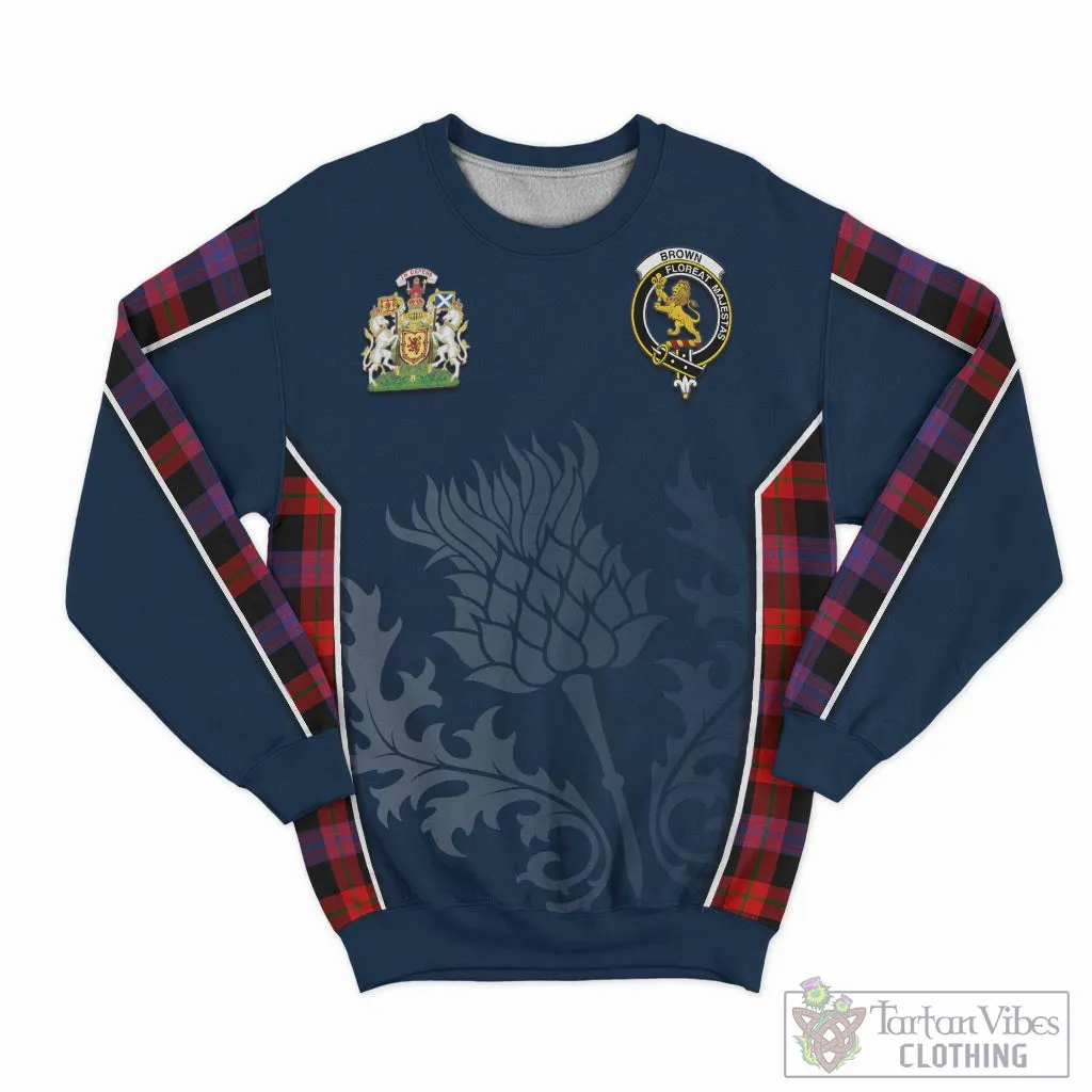 Brown (Broun) Tartan Sweatshirt with Family Crest and Scottish Thistle Vibes Sport Style