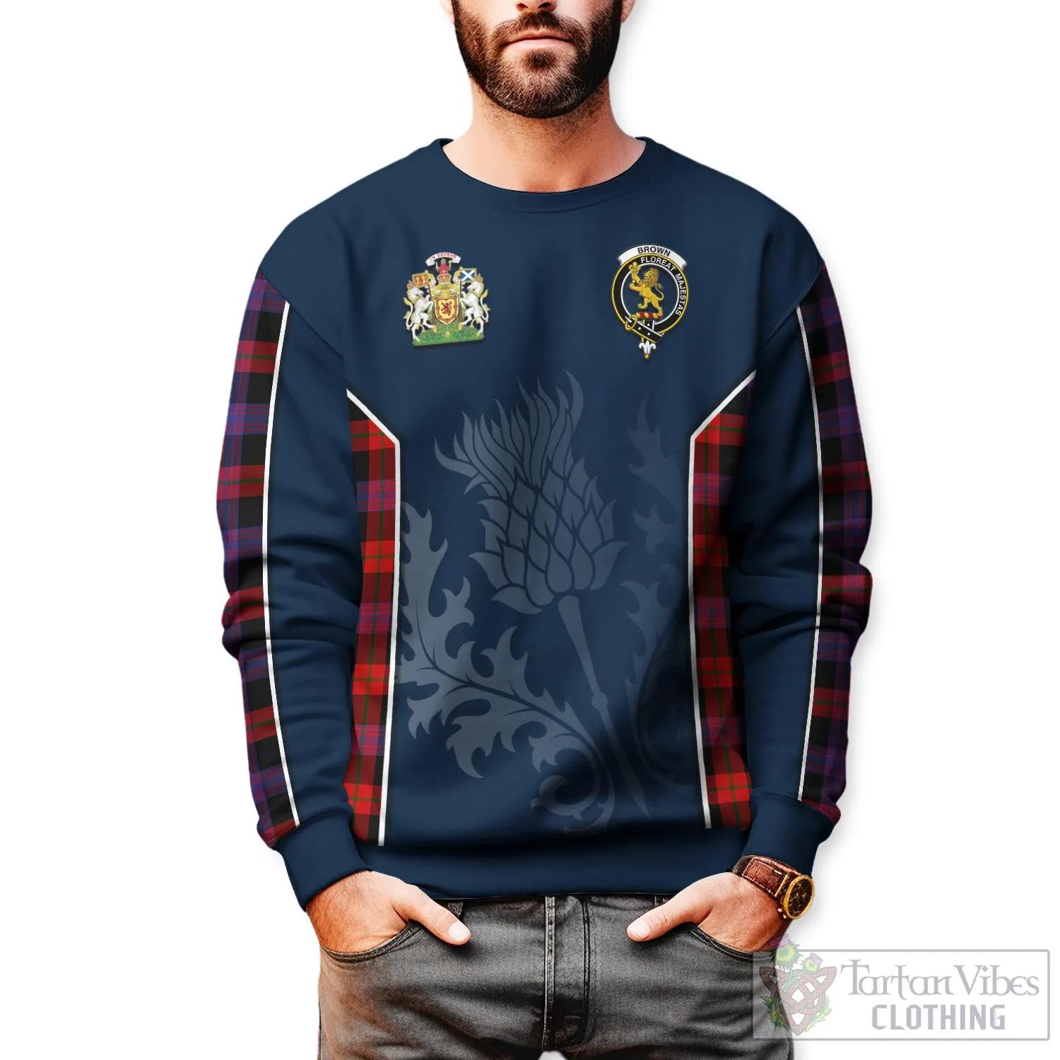 Brown (Broun) Tartan Sweatshirt with Family Crest and Scottish Thistle Vibes Sport Style