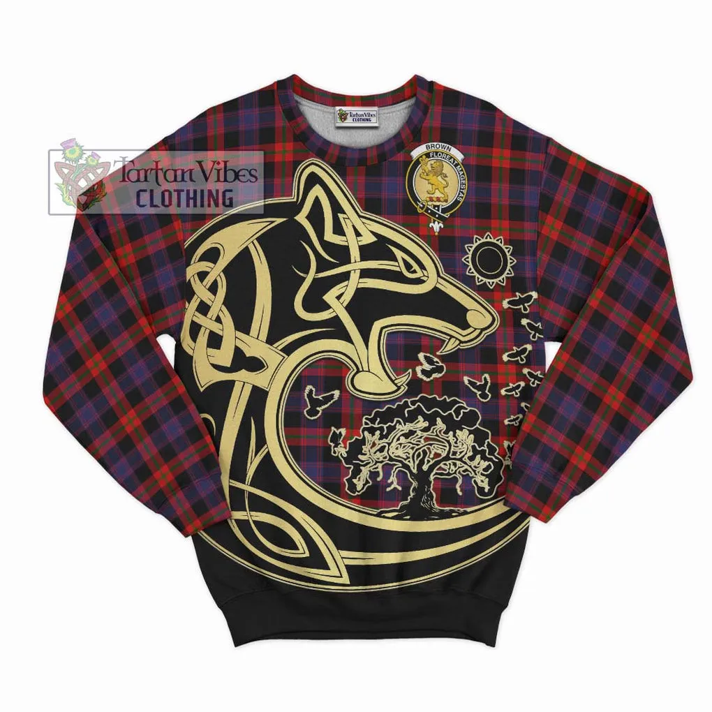 Brown (Broun) Tartan Sweatshirt with Family Crest Celtic Wolf Style