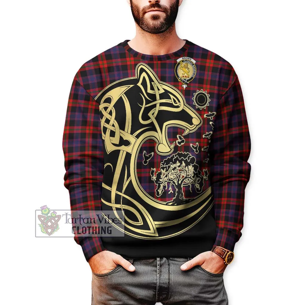 Brown (Broun) Tartan Sweatshirt with Family Crest Celtic Wolf Style