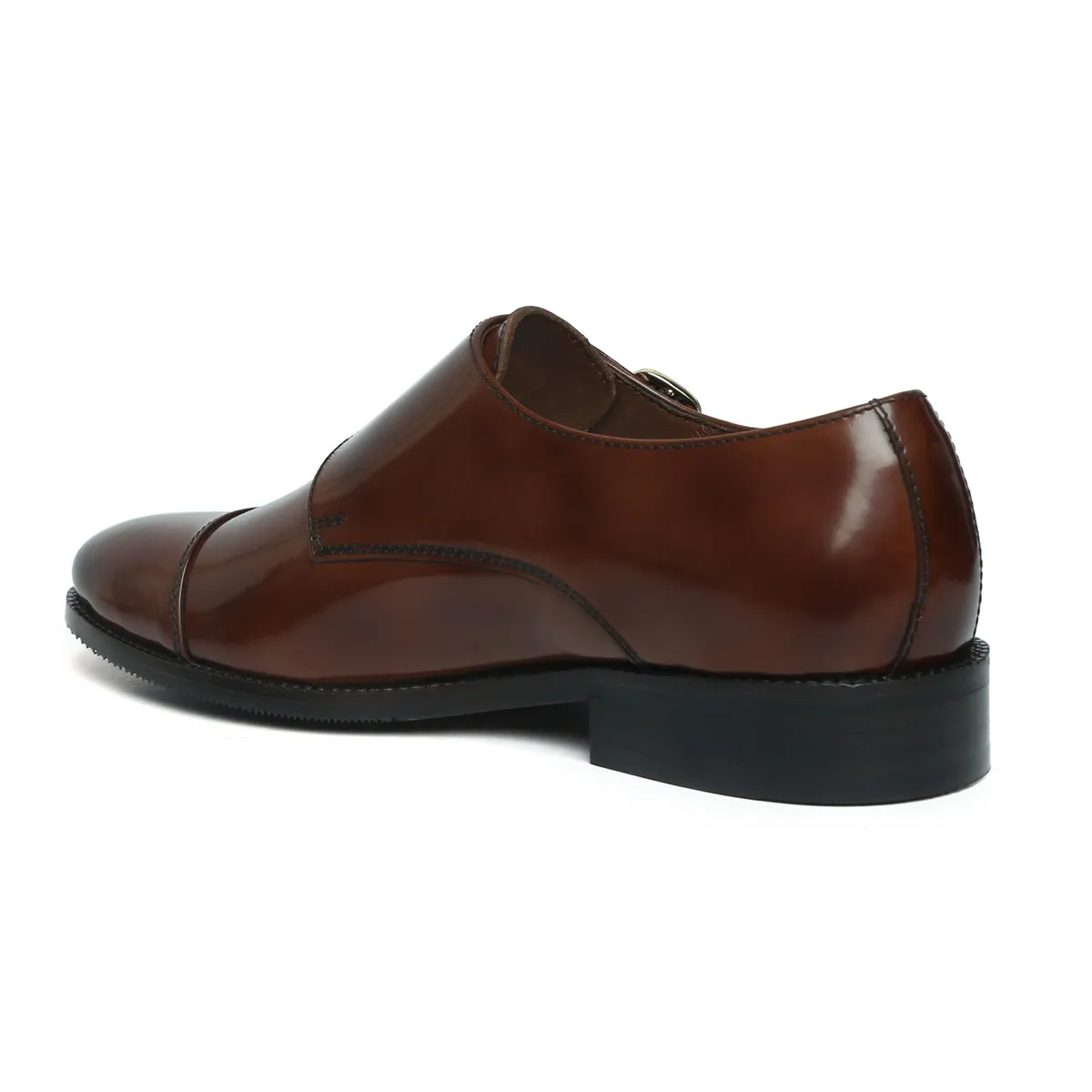 Brown Brushed Off Leather Rounded Cap Toe Double Monk Strap Formal Shoes By Brune & Bareskin