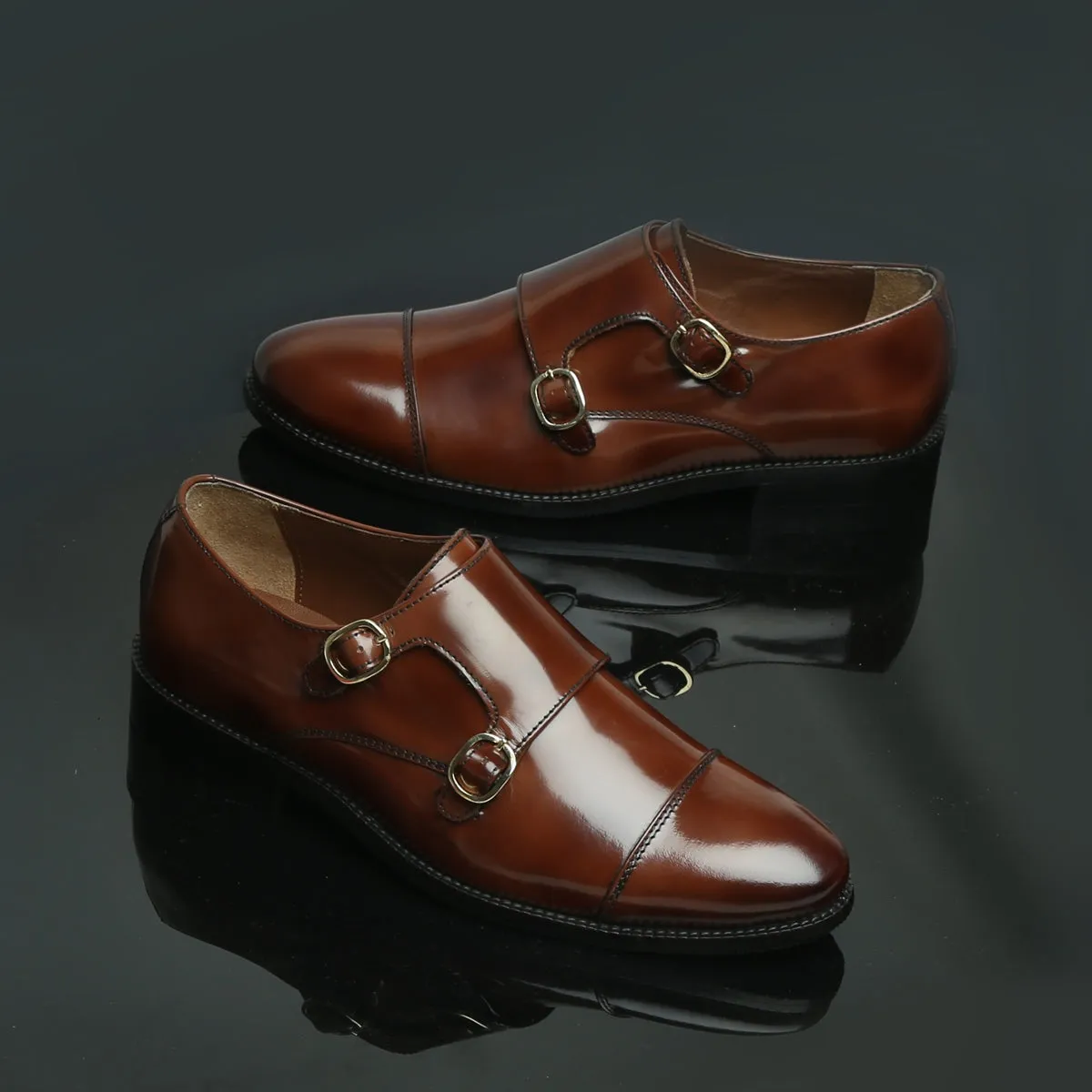 Brown Brushed Off Leather Rounded Cap Toe Double Monk Strap Formal Shoes By Brune & Bareskin